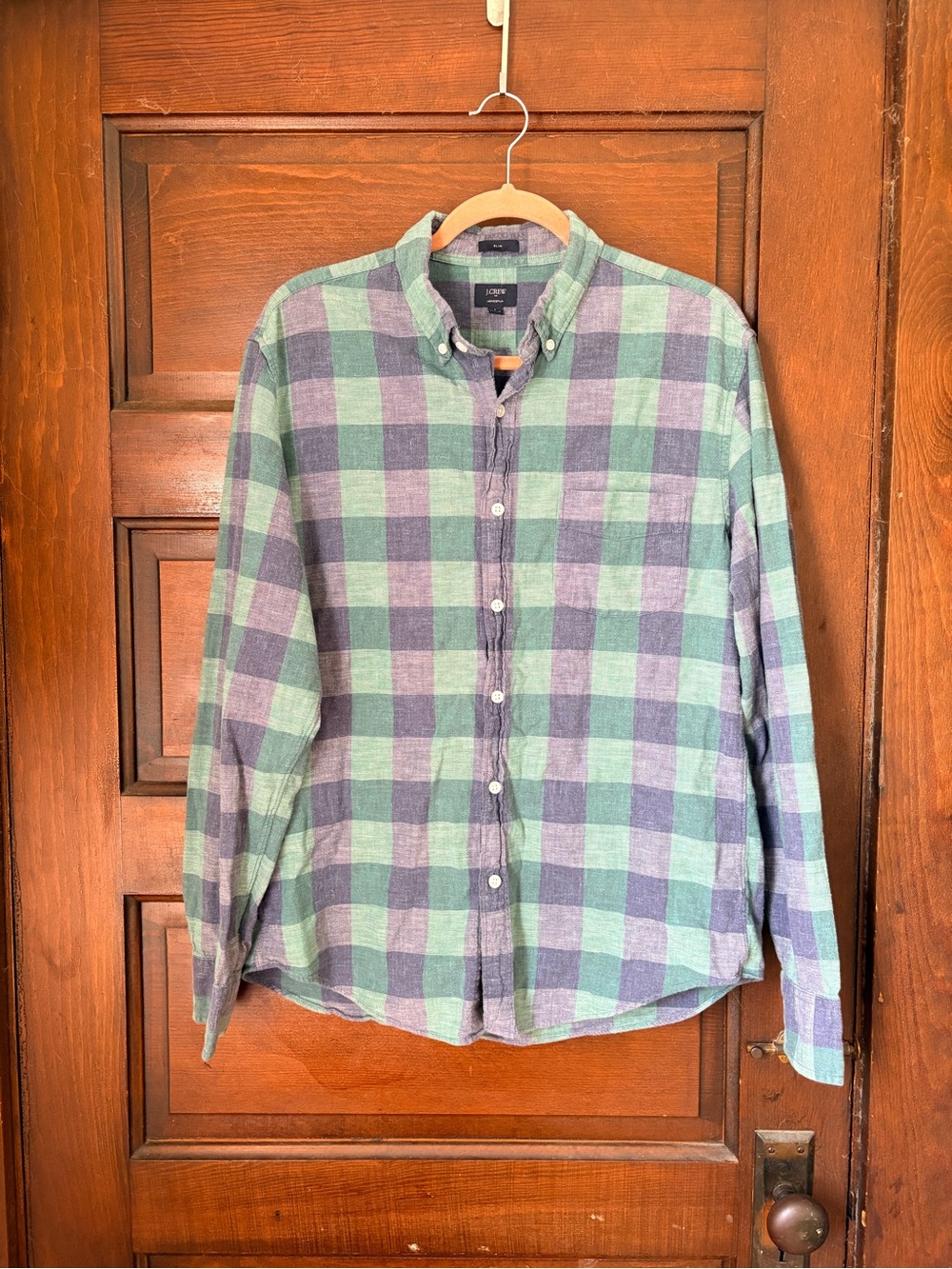 J. Crew Green and Navy Check Button-Down Homespun Shirt